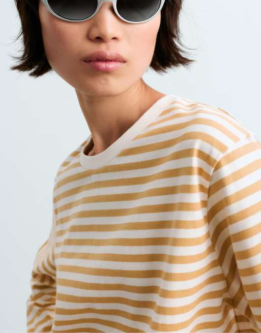 OYSHO T-shirt squadrata a righe in 100% cotone a maniche lunghe giallo chiaro, 3 di 5
