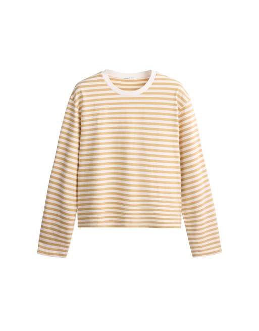 OYSHO T-shirt squadrata a righe in 100% cotone a maniche lunghe giallo chiaro, 5 di 5