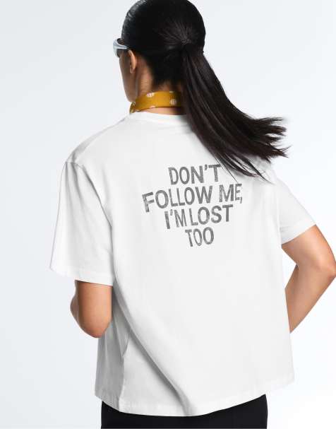 OYSHO - T-shirt squadrata in misto cotone bianco sporco con scritta - view 1