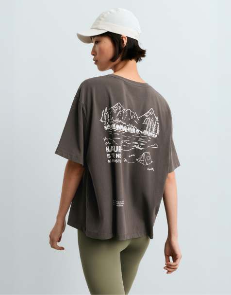 OYSHO T-shirt squadrata in misto cotone con stampa grigia - view 1