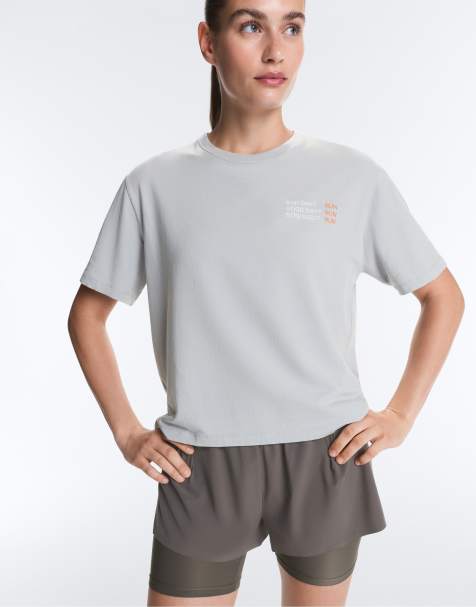 OYSHO - T-shirt squadrata in misto cotone grigio con scritta - view 1