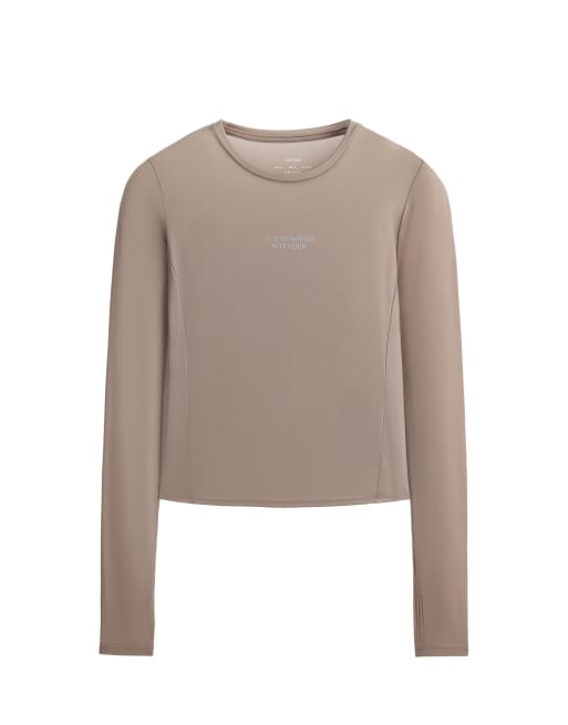 OYSHO t-shirt technique à manches longues avec texte marron, 6 de 6