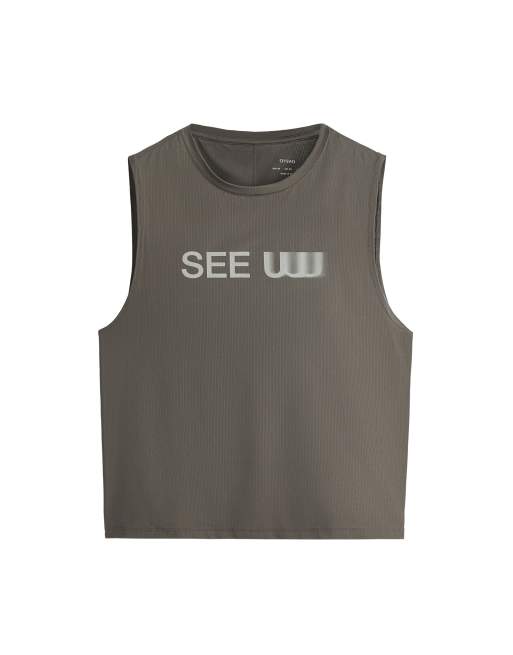 OYSHO - T-shirt tecnica senza maniche grigia con scritta, 7 di 7