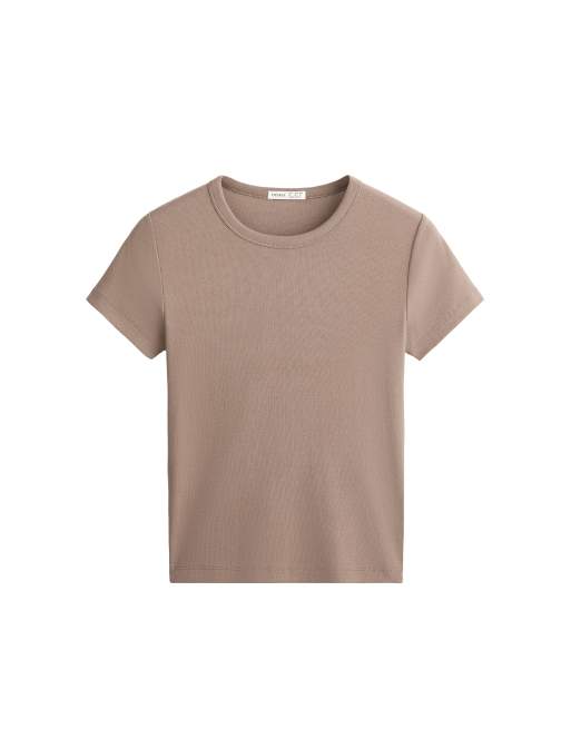 OYSHO – Tailliertes, geripptes T-Shirt aus Baumwollmix in Braun, 5 von 5