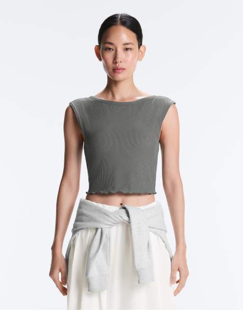 OYSHO - Tank top a maniche corte in misto modal a coste grigio con arricciature - view 1