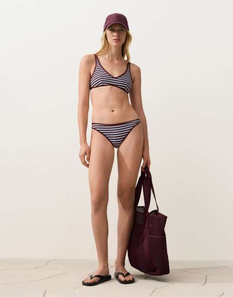 OYSHO Textured bicolour stripe bikini set in purple - view 1