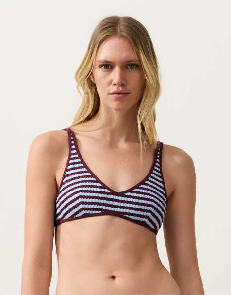 OYSHO Textured bicolour stripe halter bikini top in purple - view 1