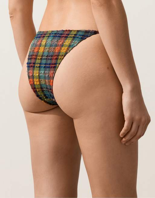 OYSHO Textured check medium-coverage bikini briefs in blue green, 3 of 4