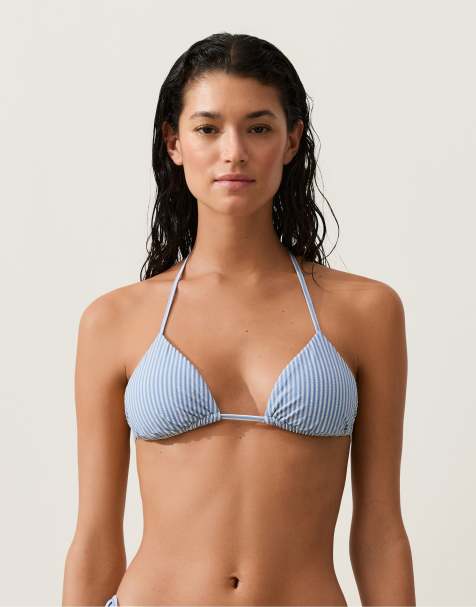 OYSHO Textured stripe triangle bikini in blue