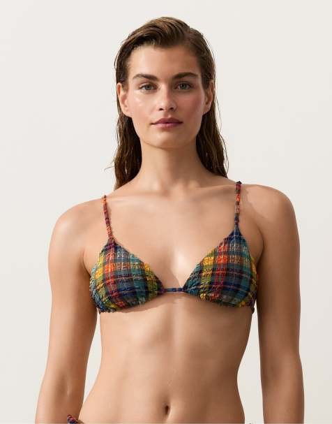 OYSHO texturerad bikiniöverdel med rutigt tryck och trekantsmodell i blågrönt - view 1