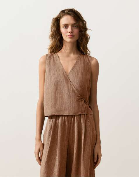OYSHO - Top 100 % lin avec liens croisés à nouer et encolure carrée - Fauve chiné - view 1