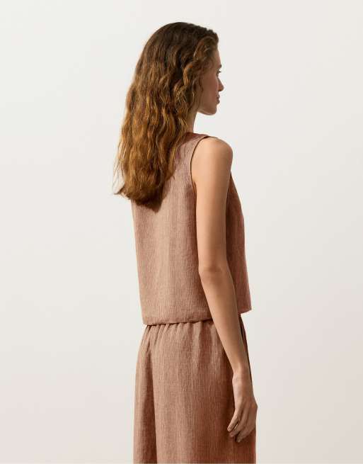 OYSHO - Top 100% lino color cuoio mélange con scollo quadrato e allacciatura avvolgente, 4 di 4