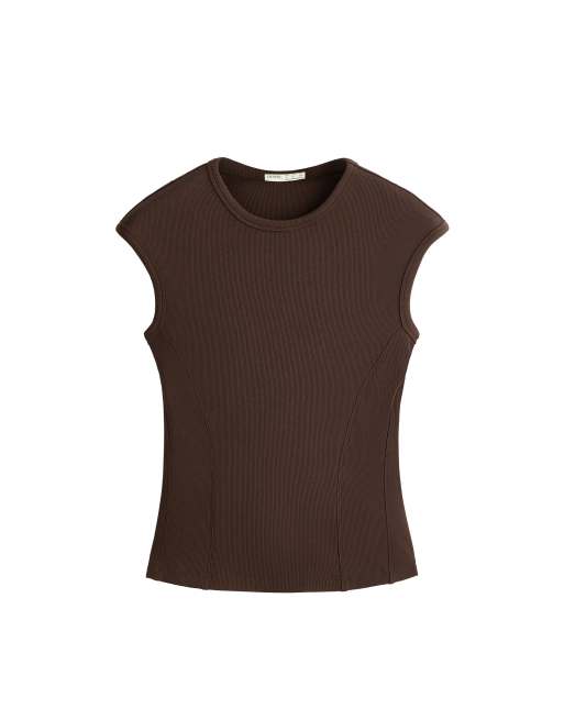 OYSHO - Top a coste a maniche corte in misto cotone e modal marrone chiaro, 5 di 6