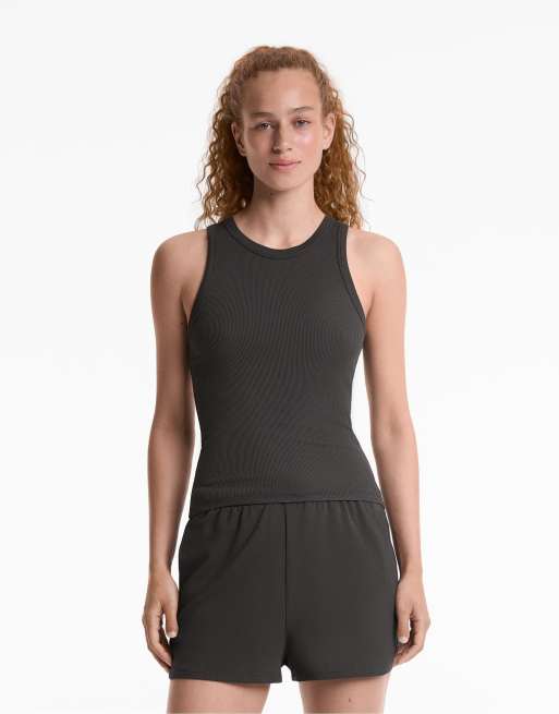 Oysho - Top allacciato al collo grigio scuro a coste in cotone e modal