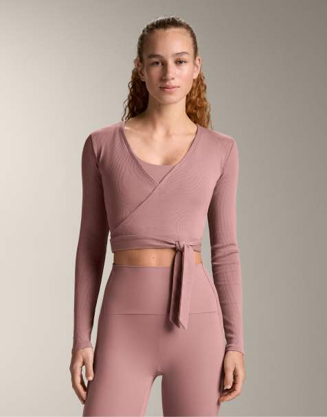 OYSHO - Top avvolgente in misto cotone a coste rosa chiaro - view 1