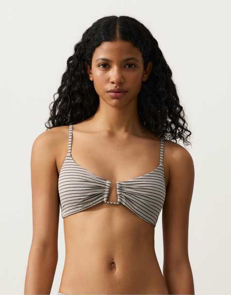 OYSHO - Top bikini a triangolo color sabbia a righe - view 1