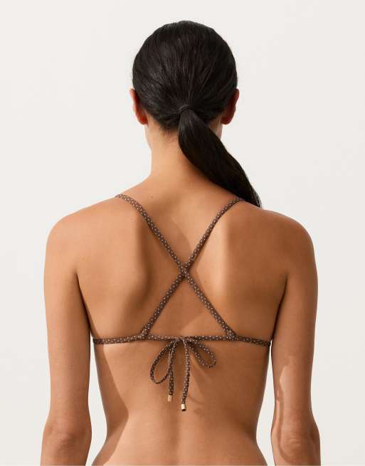 OYSHO - Top bikini a triangolo mini a pois marrone, 3 di 4
