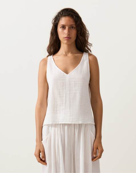 OYSHO - Top con spalline e scollo a V in 100% cotone bianco sporco - view 1