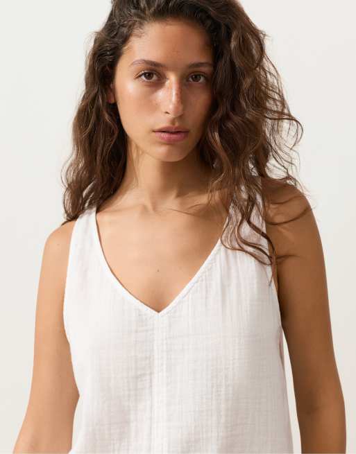 OYSHO - Top con spalline e scollo a V in 100% cotone bianco sporco, 3 di 4