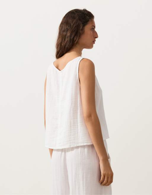 OYSHO - Top con spalline e scollo a V in 100% cotone bianco sporco, 4 di 4