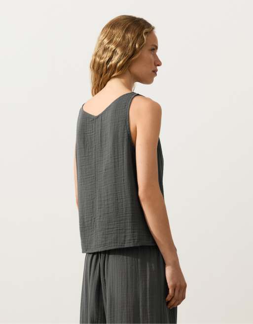Oysho - Top en coton pur à bretelles et col en V - Gris, 4 de 4
