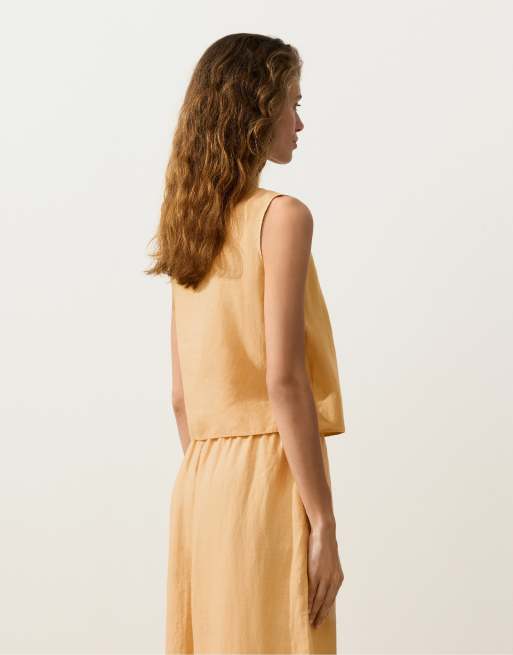 OYSHO - Top in 100% lino giallo con scollo quadrato e allacciatura avvolgente, 4 di 4