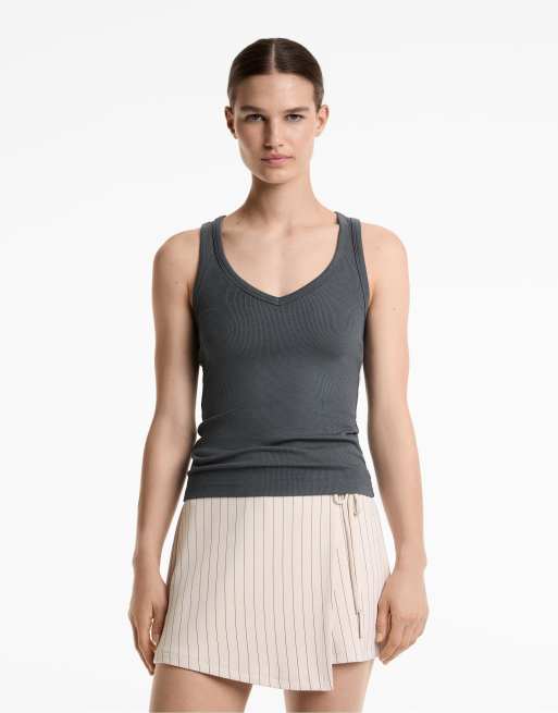 Oysho - Top sans manches à col V en coton et modal - Gris acier