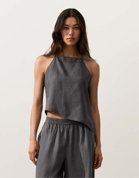 Oysho - Top sans manches asymétrique en lin - Gris - view 1