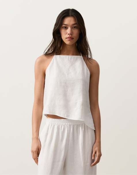 Oysho - Top sans manches asymétrique en pur lin - Blanc cassé - view 1