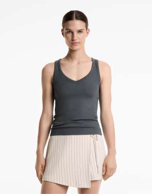 Oysho - Top senza maniche color acciaio in cotone e modal con scollo a V