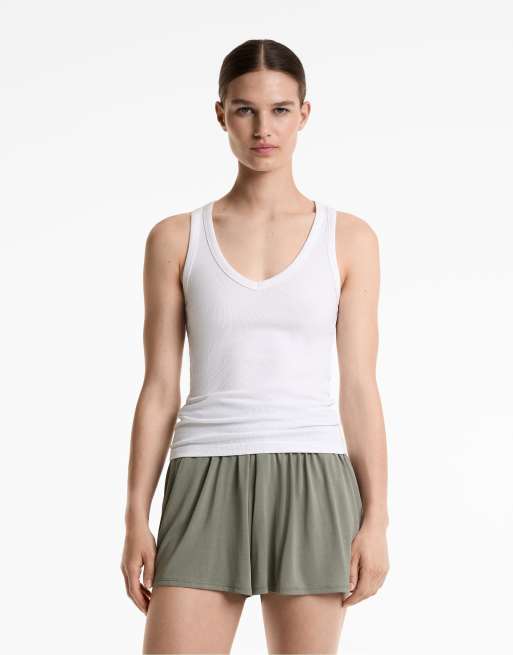 Oysho - Top senza maniche in misto cotone e modal bianco sporco con scollo a V