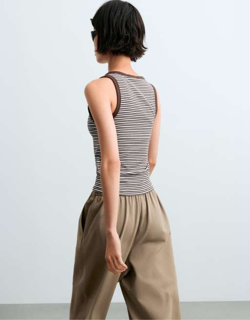 OYSHO - Top senza maniche in misto modal a coste marrone a righe, 3 di 4
