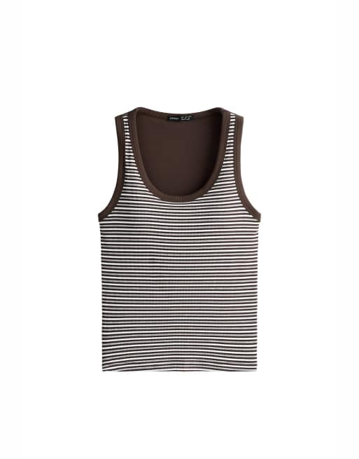 OYSHO - Top senza maniche in misto modal a coste marrone a righe, 4 di 4