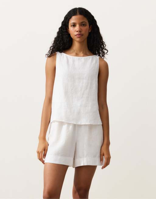 OYSHO - Top squadrato bianco sporco in 100% lino, 2 di 4