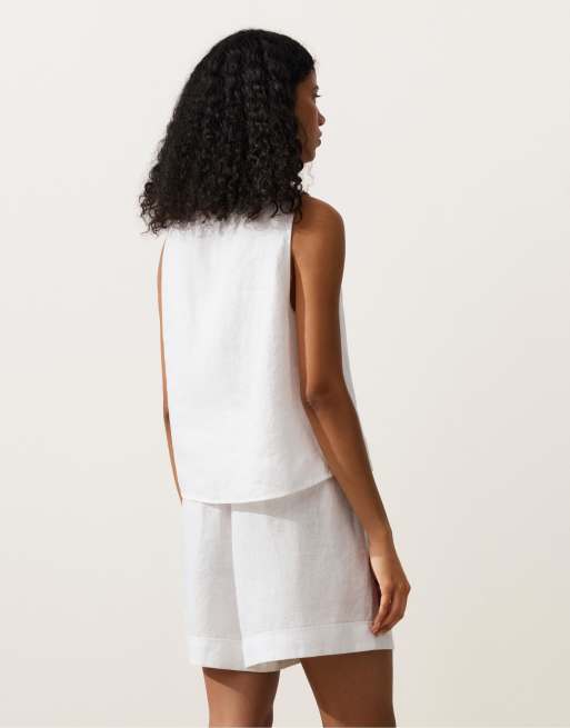 OYSHO - Top squadrato bianco sporco in 100% lino, 4 di 4