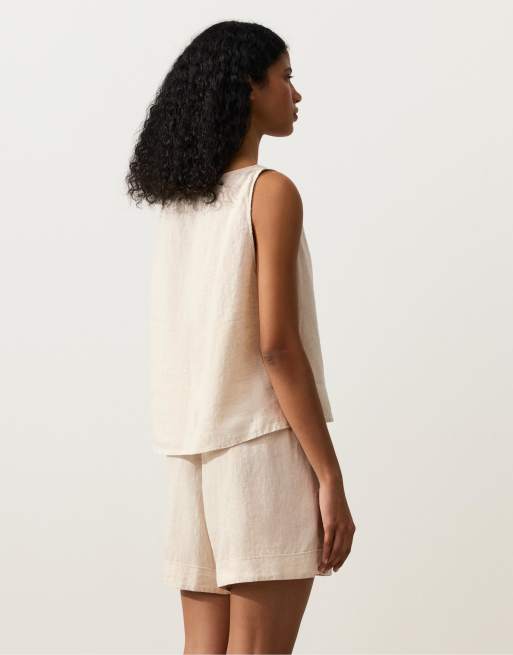OYSHO - Top squadrato in 100% lino color sabbia mélange, 3 di 4