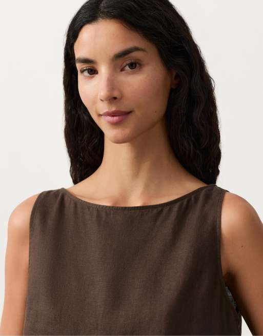 OYSHO - Top squadrato marrone 100% lino, 3 di 4