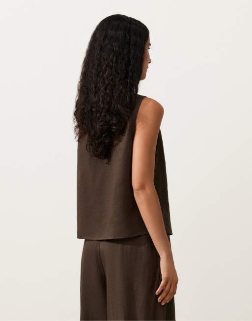 OYSHO - Top squadrato marrone 100% lino, 4 di 4