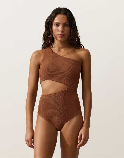 Oysho - Trikini asymétrique effet froissé - Marron - view 1