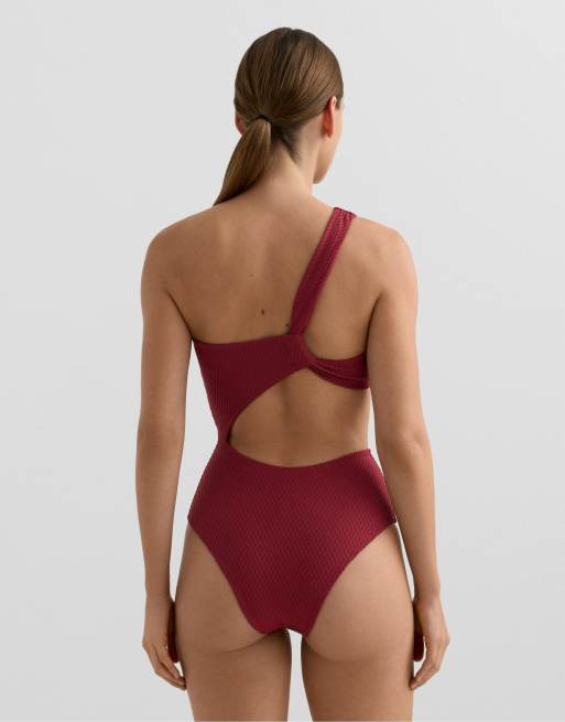 Oysho - Trikini asymétrique en jacquard à carreaux - Bordeaux, 2 de 4