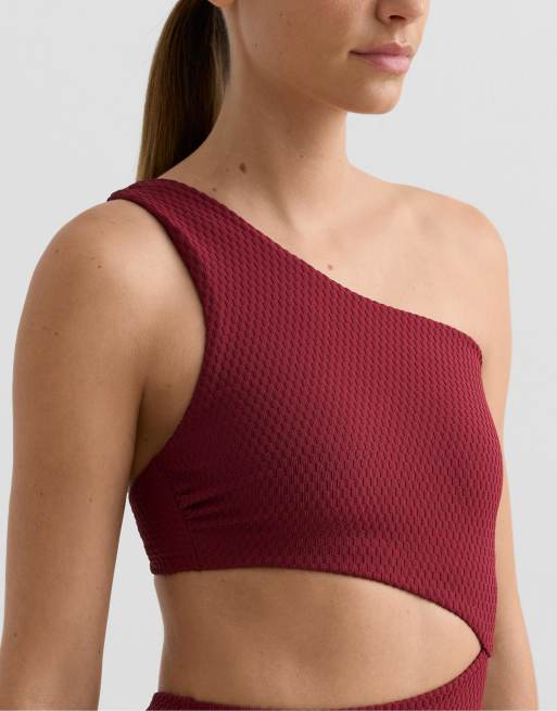Oysho - Trikini asymétrique en jacquard à carreaux - Bordeaux, 3 de 4