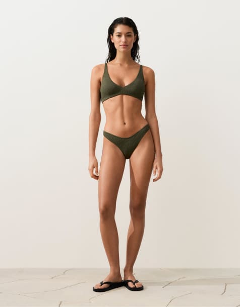 OYSHO U-cut leopard print textured brazilian bikini briefs in dark khaki - view 1