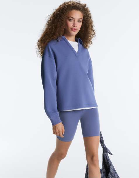 OYSHO V-neck cotton blend polo shirt in blue - view 1