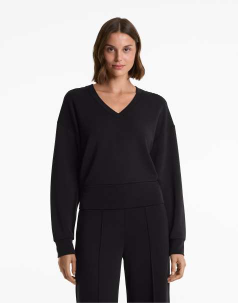 OYSHO V-neck fitted waist sweatshirt with soft-touch modal in black - view 1