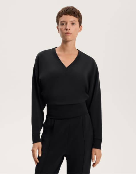 OYSHO V-neck fitted waist sweatshirt with soft-touch modal in black