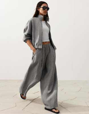 OYSHO - Veste 100 % lin à col montant et fines rayures - Gris