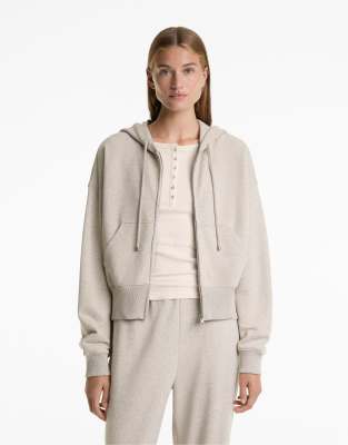 Oysho - Veste à capuche courte en coton mélangé - Beige-Neutre