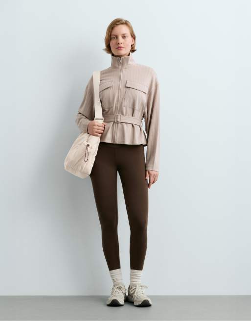 OYSHO - Veste ceinturée en tissu doux à rayures - Vison, 2 de 6