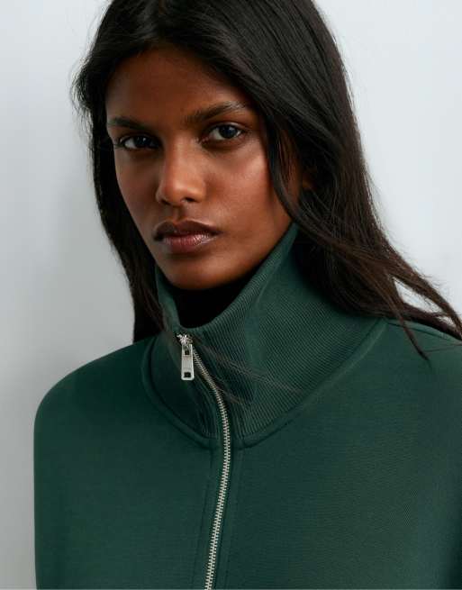 OYSHO veste col en coton piqué brossé vert bouteille, 3 de 6
