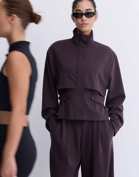 OYSHO veste courte en piqué avec ceinture, marron violacé - view 1